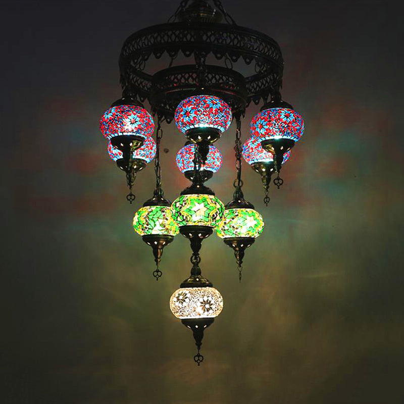 10-Head Multicolored Stained Glass Chandelier Lamp With Traditional Red/Pink/Yellow Design