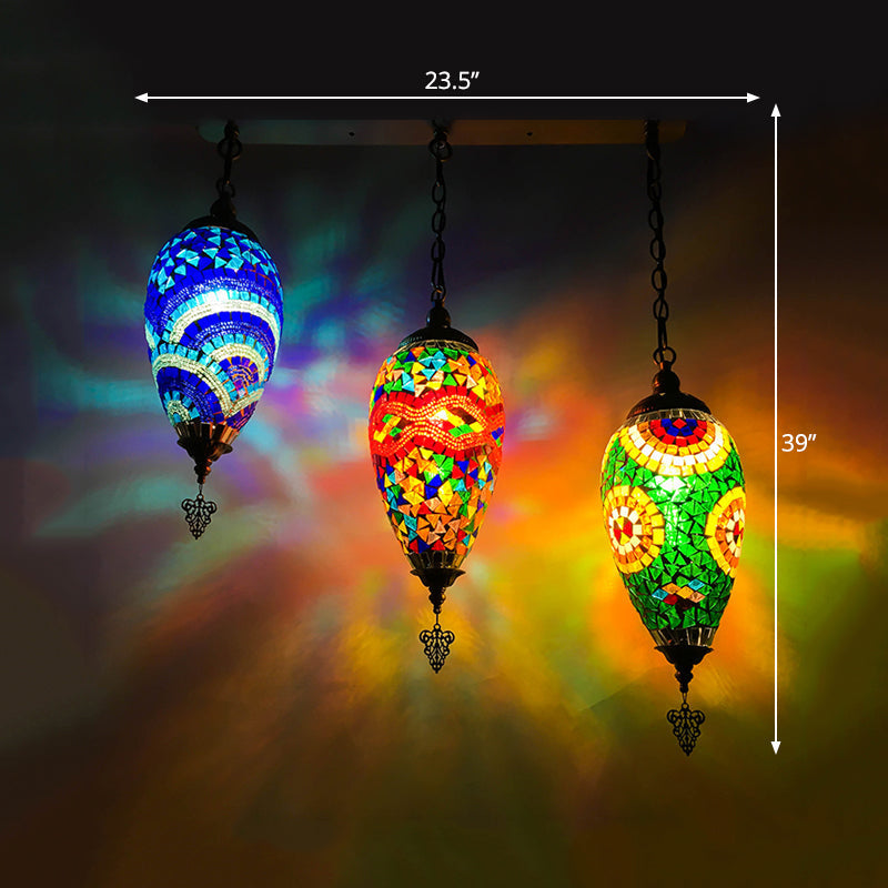 Colorful Stained Glass Waterdrop Cluster Pendant Light For Bedroom - Traditional 3-Head Ceiling