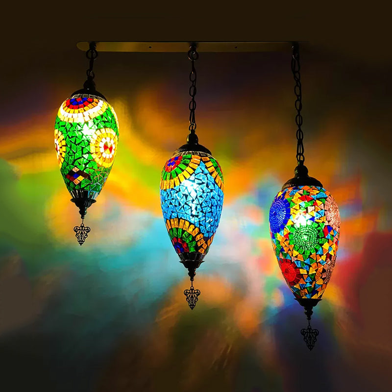 Colorful Stained Glass Waterdrop Cluster Pendant Light For Bedroom - Traditional 3-Head Ceiling