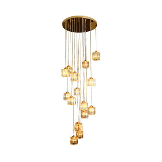 15-Light Modernist Hanging Ceiling Lamp with Amber Crystal Drum Shade for Living Room