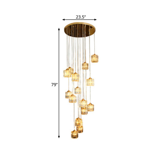 15-Light Modernist Hanging Ceiling Lamp with Amber Crystal Drum Shade for Living Room