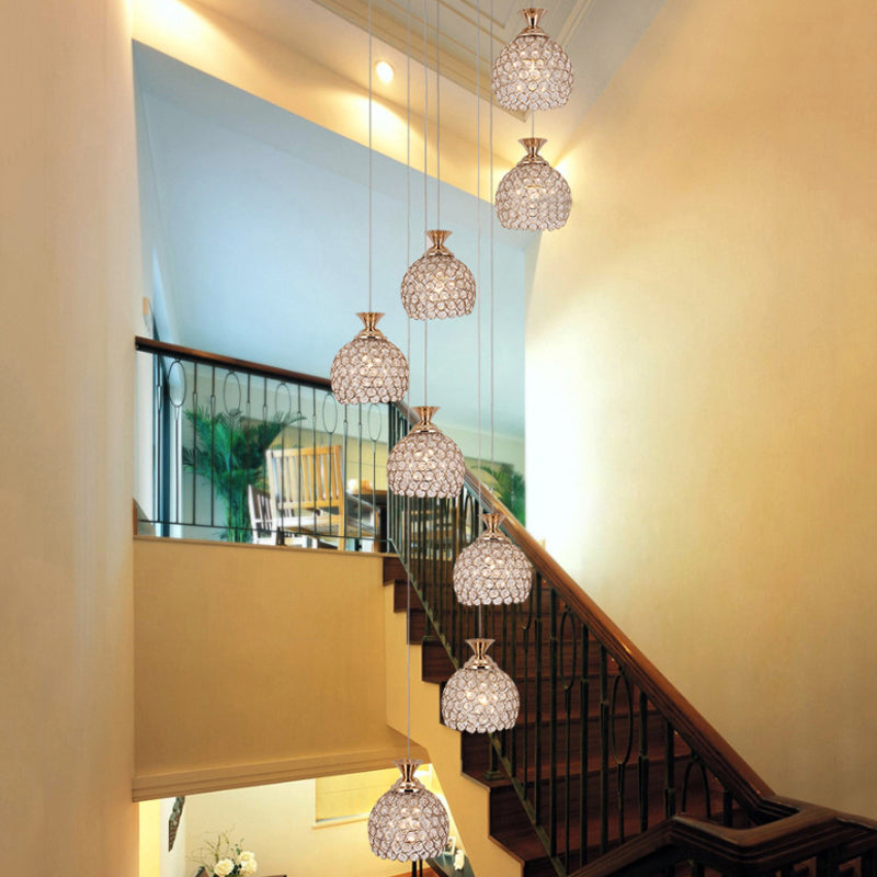 Contemporary Gold Crystal Dome Pendant Light With Spiral Design - 8-Light Multi Lamp