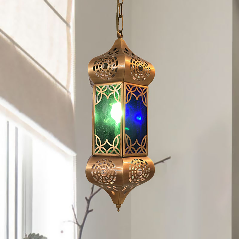 Retro Metal Hanging Lantern Light Kit - 1-Light Pendant Ceiling Lamp In Blue Ideal For Living Room