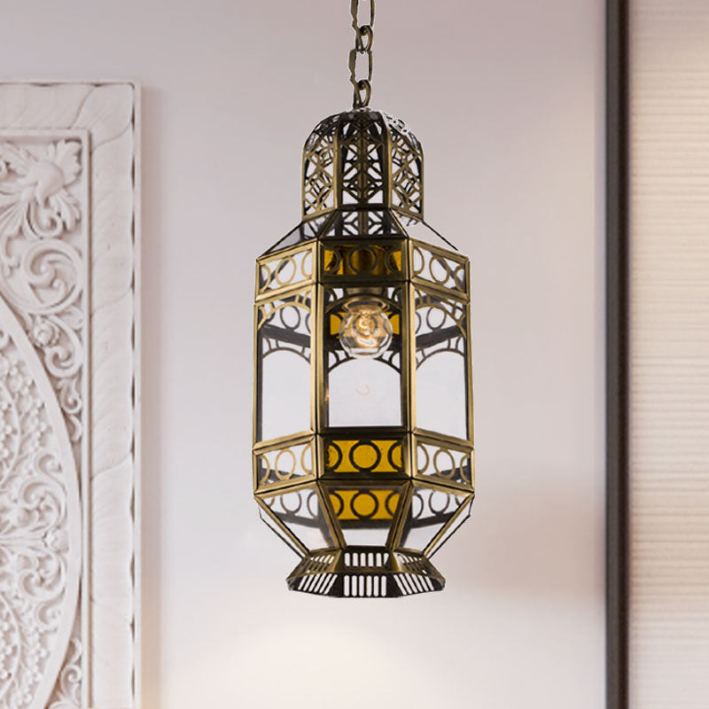 Traditional Brass Hanging Lantern Pendant With Chain - Metallic 1-Head Suspension Lamp