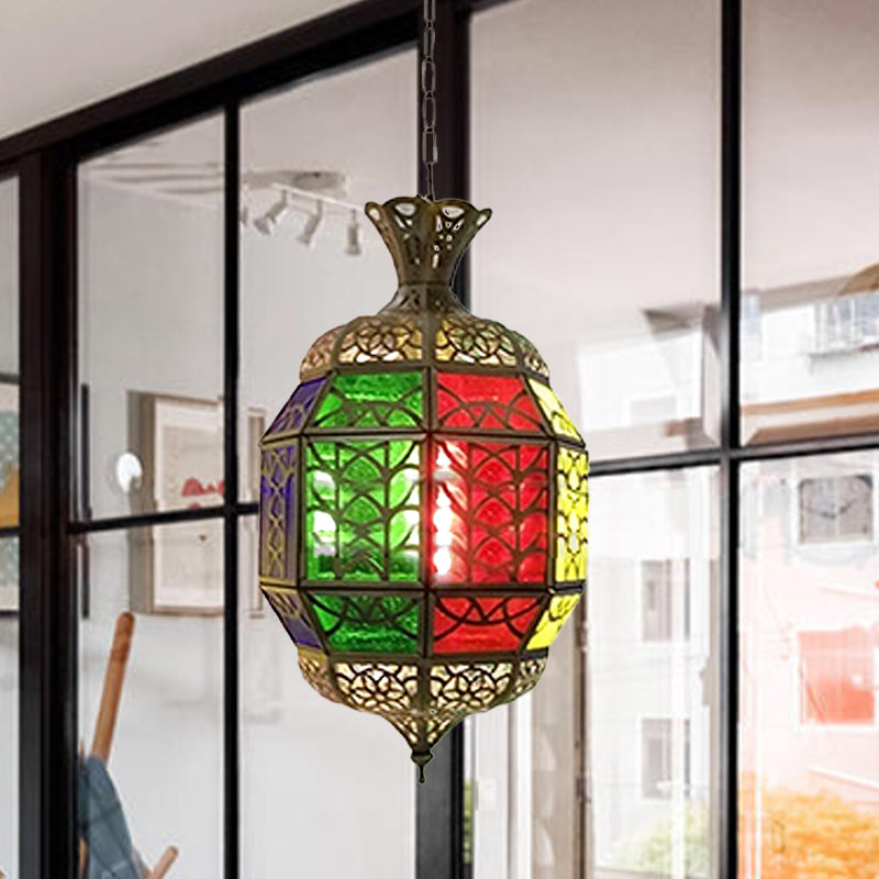 Vintage Red Metallic Lantern Pendant Lamp For Balcony Ceiling Lighting