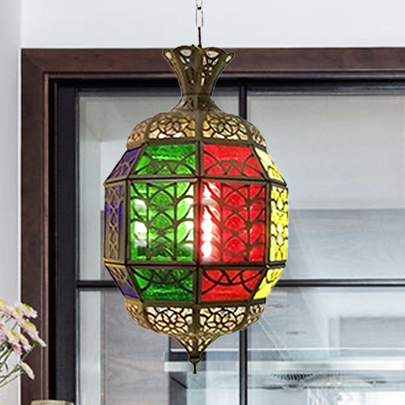 Vintage Red Metallic Lantern Pendant Lamp For Balcony Ceiling Lighting