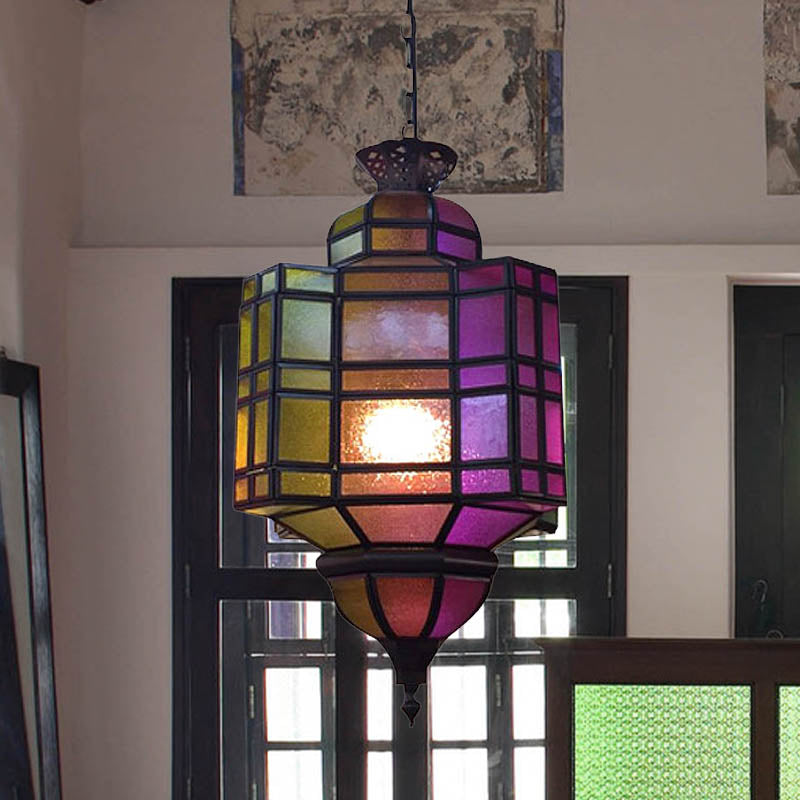 Antiqued Metal Lantern Ceiling Light: Purple Suspension Lamp