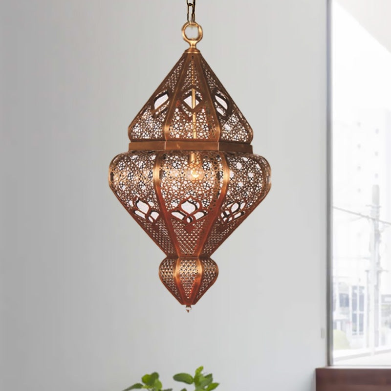 Antiqued Brass Pendant Light Fixture With Metallic Urn Shade