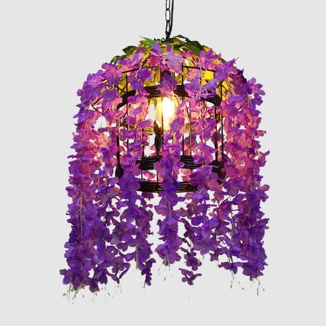 Vintage Drum Pendant With Led Metal Flower Design - Pink/Purple Ideal For Restaurants