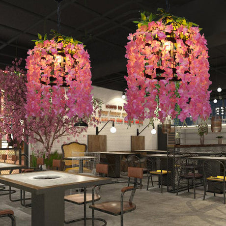 Vintage Drum Pendant With Led Metal Flower Design - Pink/Purple Ideal For Restaurants