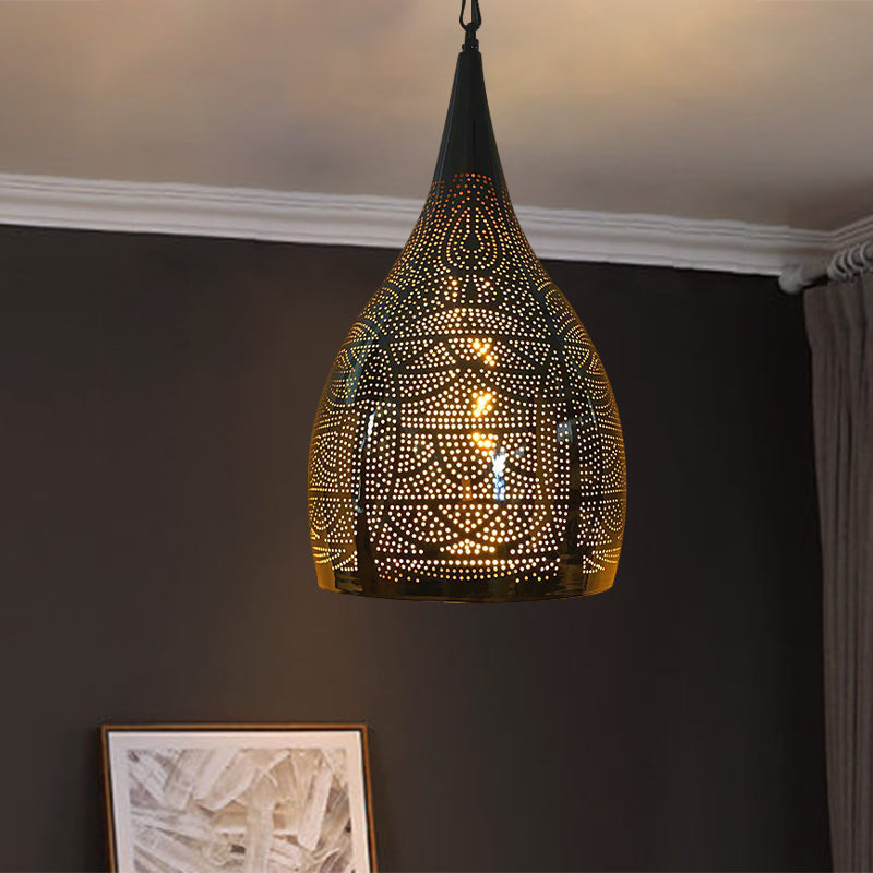 Arab Hanging Urn-Shaped Metal Light - 1-Head Black 9/12 Width For Living Room Suspension