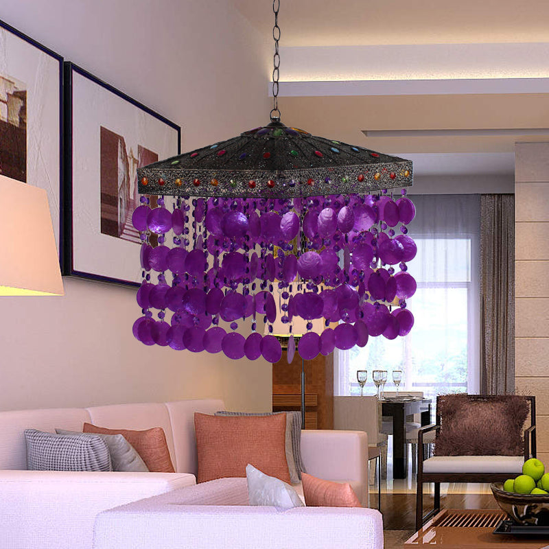 Traditional Metal Ceiling Hang Fixture - Purple/Bronze Cascading Suspension Light For Living Room