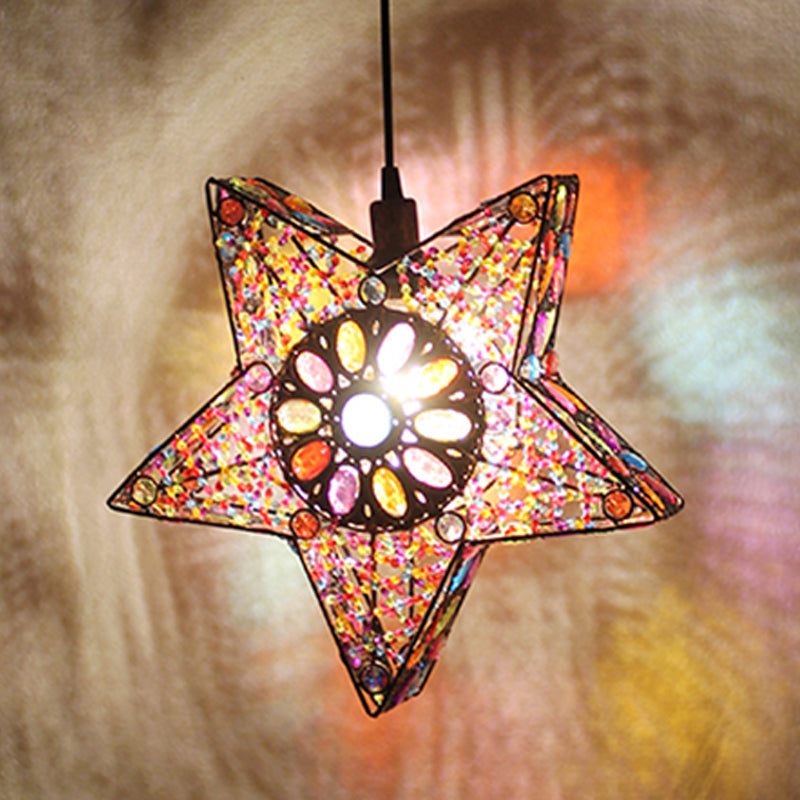 Metal Pentagram Pendant Ceiling Light Art Deco 1 Head Drop Lamp In Black/Red/Yellow