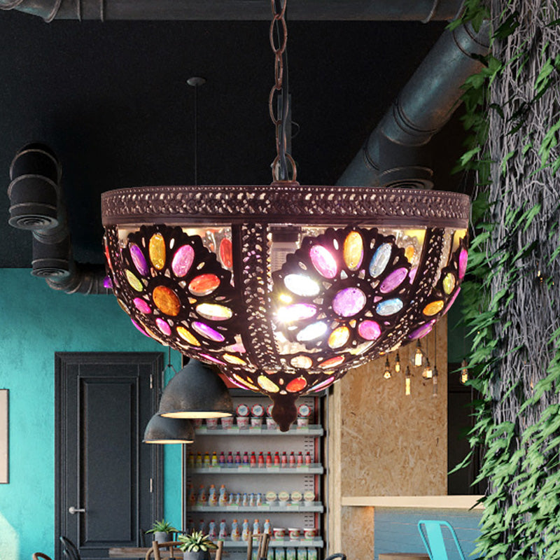 Art Deco Stained Glass Bowl Pendant Light - Rustic One-Bulb Downlight For Restaurants