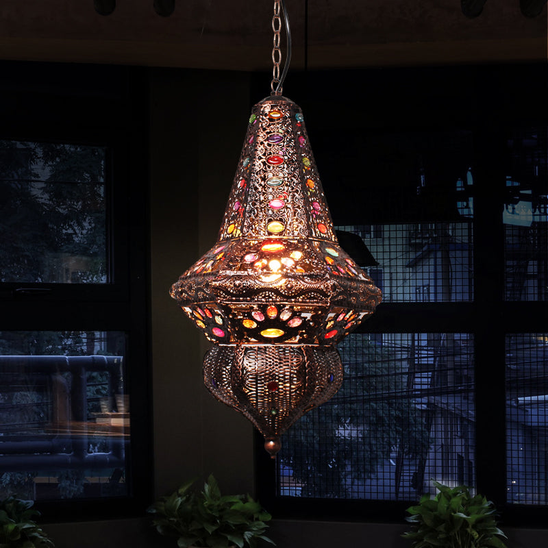 Red/Bronze Pendant Lantern Light - Traditional Metal Hanging Fixture For Restaurants Bronze