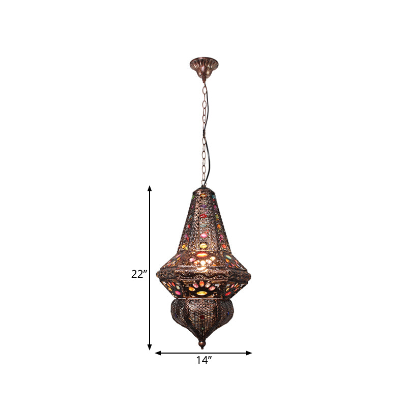Red/Bronze Pendant Lantern Light - Traditional Metal Hanging Fixture For Restaurants