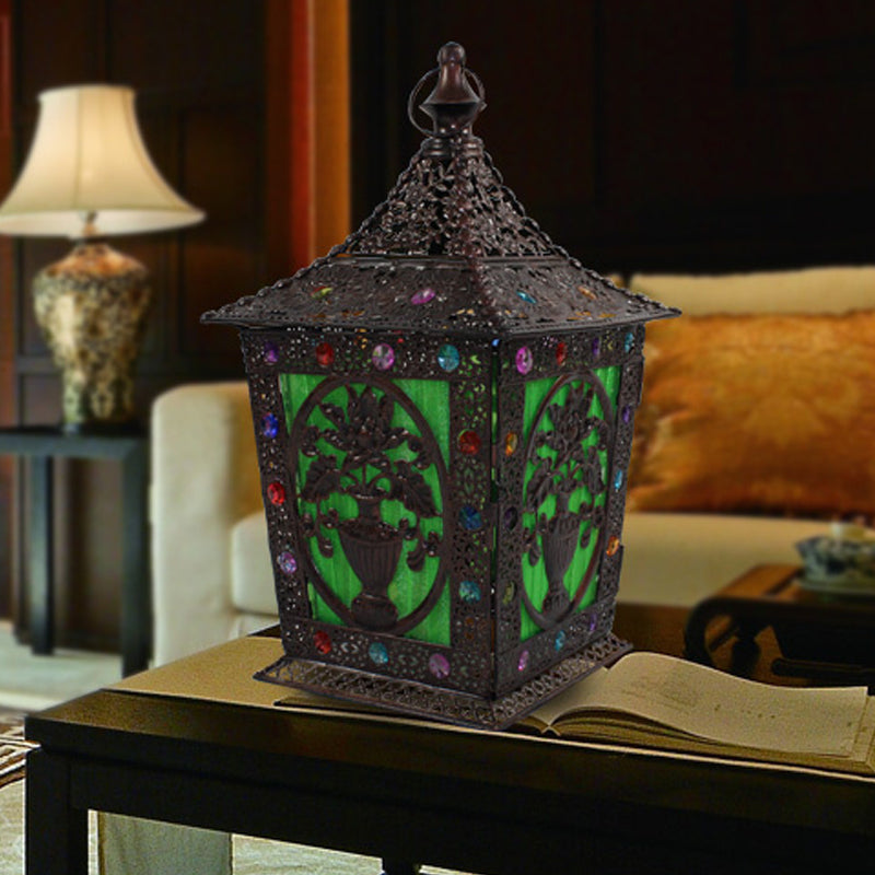 Metal Decorative Nightstand Lantern With Colorful Lighting For Living Room Night Time Ambiance Green