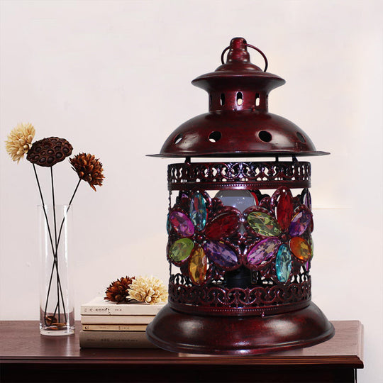 Antique Copper Lantern Nightstand Light - 1-Bulb Metal Table Lamp For Living Room