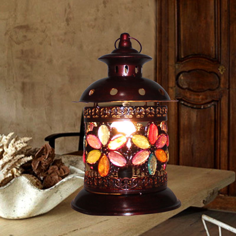 Antique Copper Lantern Nightstand Light - 1-Bulb Metal Table Lamp For Living Room