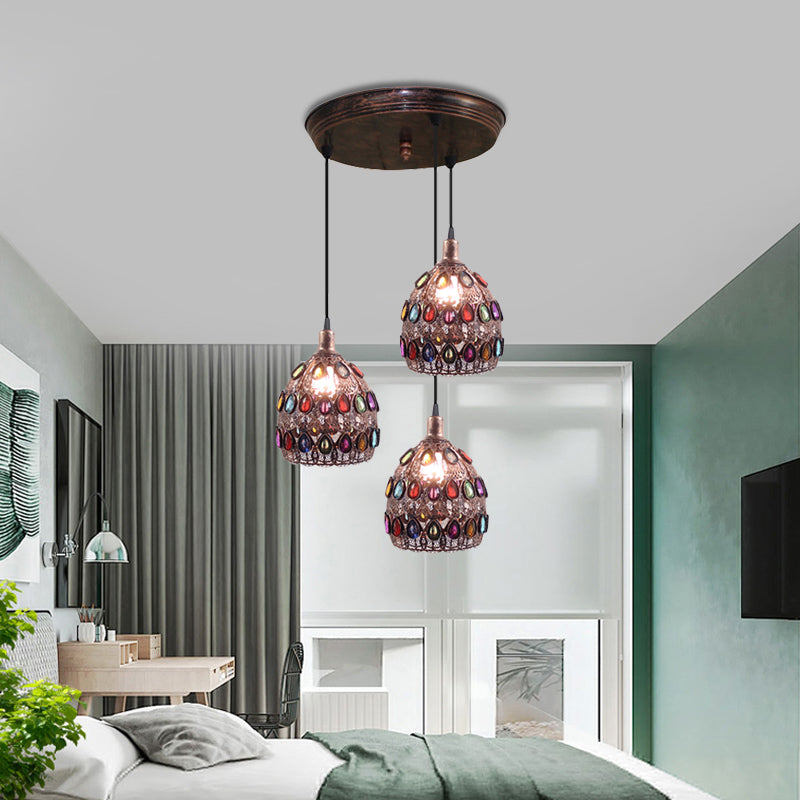 Rust Metal Dome Pendant Lamp With 3 Bulbs - Traditional Multi Light Suspension For Bedroom