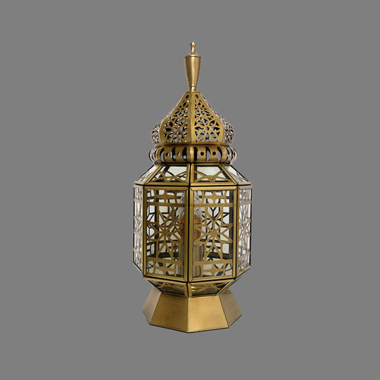 12.5/14 Wide Brass Table Lamp - Antiqued Lantern Metallic Nightstand Light For Bedroom / 14
