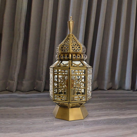 12.5/14 Wide Brass Table Lamp - Antiqued Lantern Metallic Nightstand Light For Bedroom