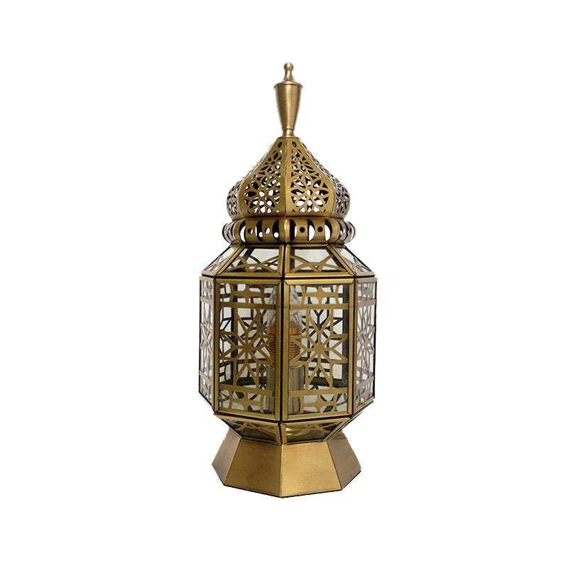 12.5/14 Wide Brass Table Lamp - Antiqued Lantern Metallic Nightstand Light For Bedroom