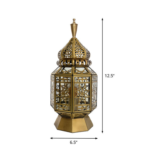 12.5/14 Wide Brass Table Lamp - Antiqued Lantern Metallic Nightstand Light For Bedroom