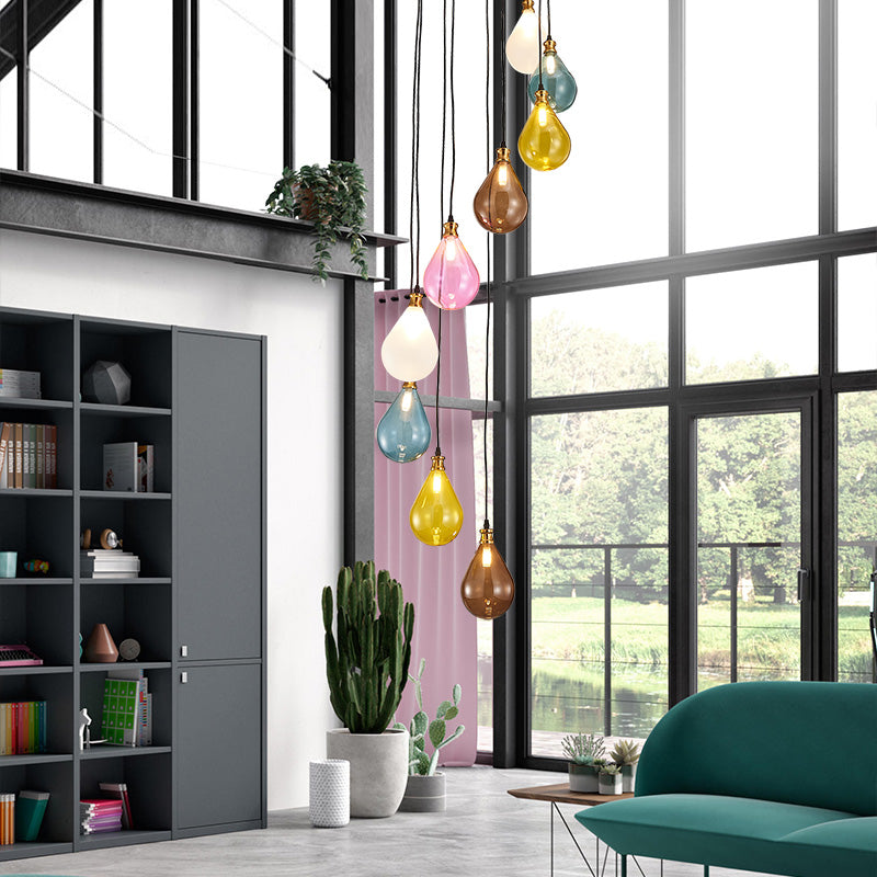 Modern Spiral Design Led Pendant Light With 9 White/Pink Glass Balloons Pink