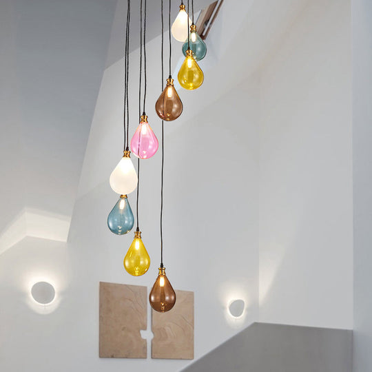 Modern Spiral Design Led Pendant Light With 9 White/Pink Glass Balloons