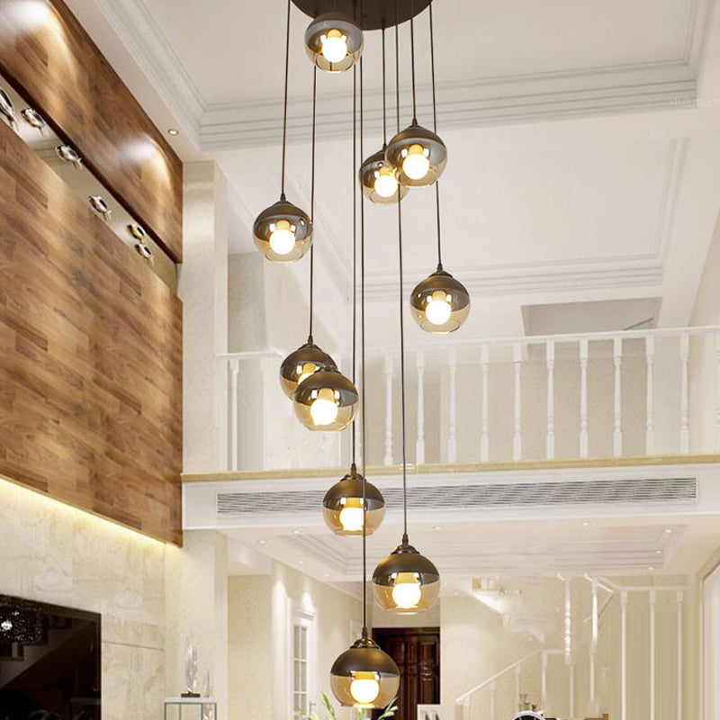 10-Light Hanging Stair Pendant with Cognac Glass Shades