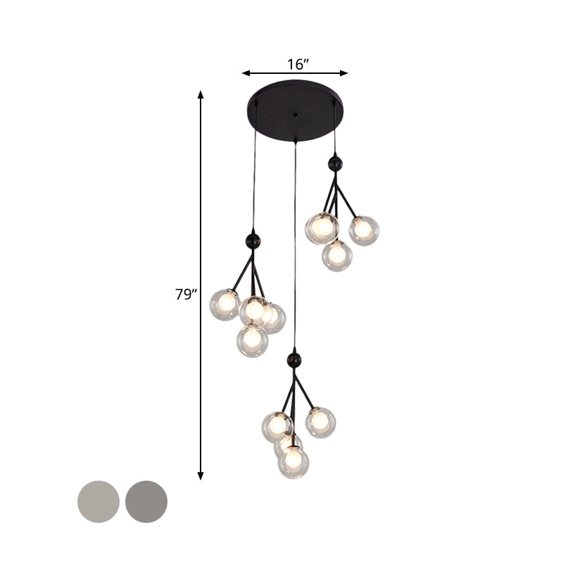 Modern Black/Gold 12-Bulb Multi-Light Pendant LED Hanging Lamp with Clear/Amber/Smoke Gray Glass Spheres