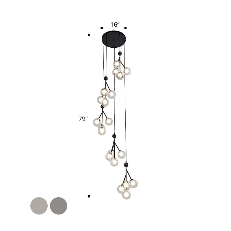 Minimalist Clear/Amber/Smoke Gray Glass Stair Cluster Pendant Lamp - Global 20-Light Ceiling Light in Black/Gold