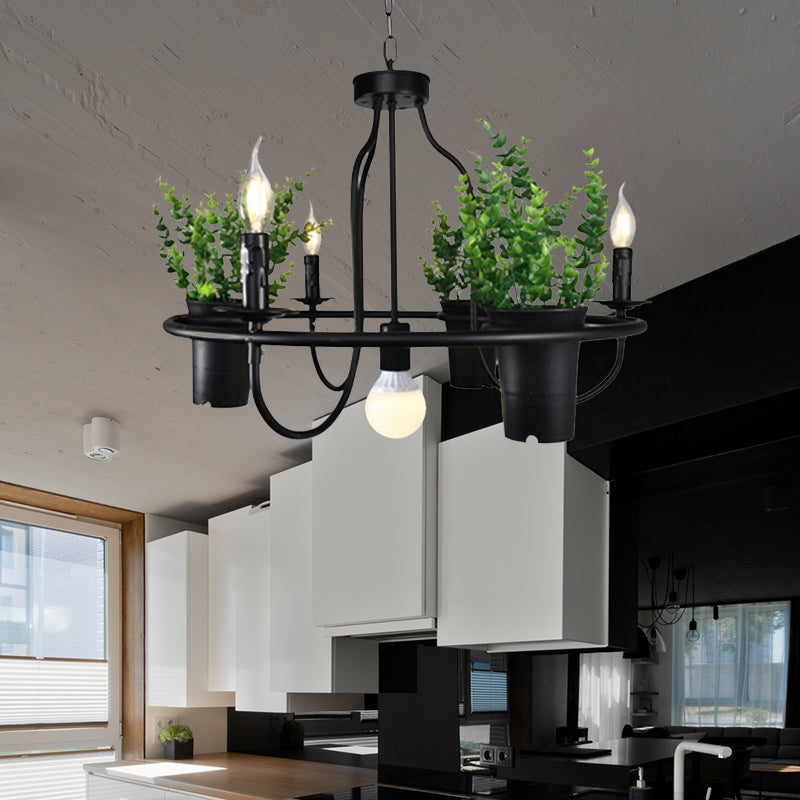 Industrial 4/7 Bulb Candle Metal Chandelier Light: Black Led Restaurant Hanging Lamp With Plant 4 /
