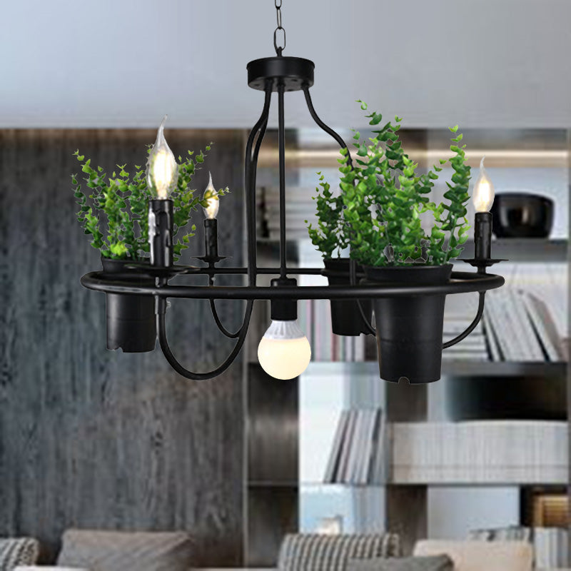Industrial 4/7 Bulb Candle Metal Chandelier Light: Black Led Restaurant Hanging Lamp With Plant
