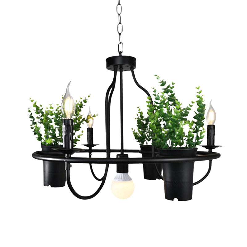 Industrial Metal Chandelier Light - 4/7 Bulbs LED Hanging Lamp in Black with Plant - Perfect for Restaurants