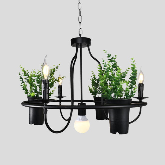 Industrial 4/7 Bulb Candle Metal Chandelier Light: Black Led Restaurant Hanging Lamp With Plant