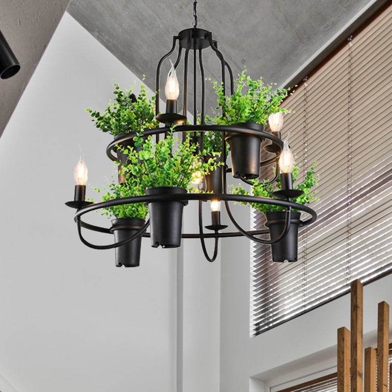 Industrial 4/7 Bulb Candle Metal Chandelier Light: Black Led Restaurant Hanging Lamp With Plant 7 /