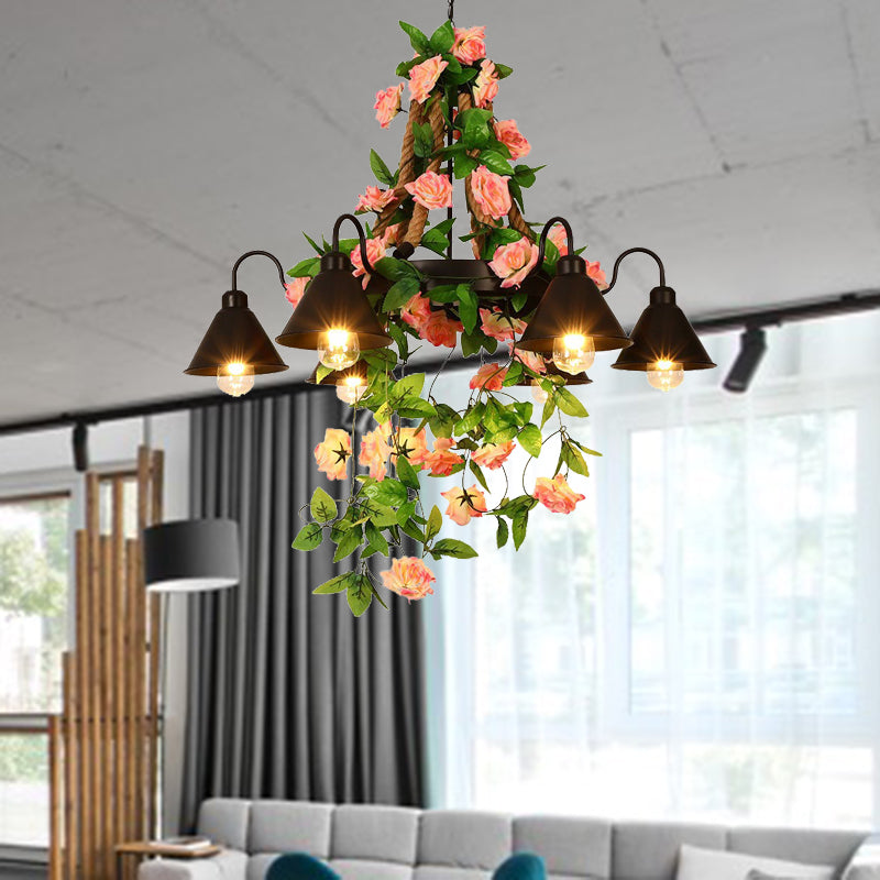 Industrial Metal Cone Chandelier Pendant Lamp With Led Lights And Flower Decoration For Restaurants