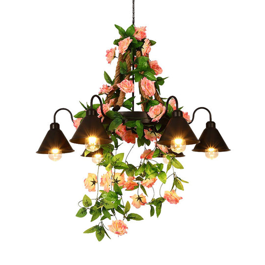 Industrial Metal Cone Chandelier Pendant Lamp With Led Lights And Flower Decoration For Restaurants