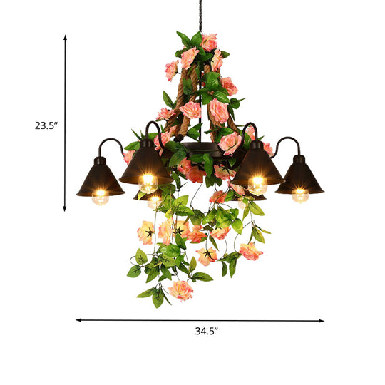 Industrial Metal Cone Chandelier - 6/8 Lights - Black with Flower Decoration - LED Ceiling Pendant for Restaurants