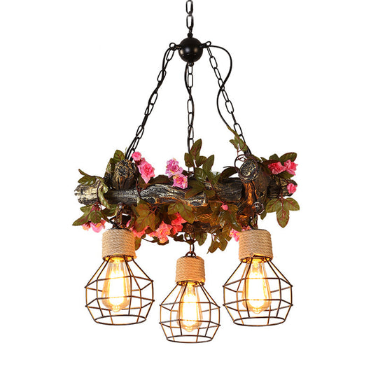 Industrial Metal Led Ceiling Chandelier With 3 Bulbs In Vibrant Red/Pink/Green - Flower/Plant/Maple