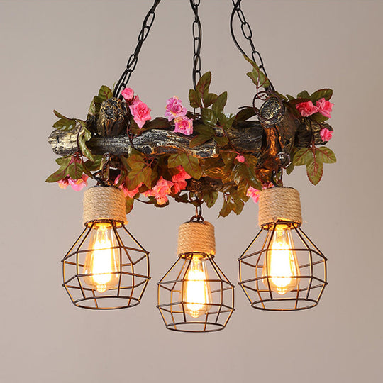 Industrial Bulb Ceiling Chandelier: 3 Metal LED Hanging Lights in Red/Pink/Green with Flower/Plant/Maple Leaf Design