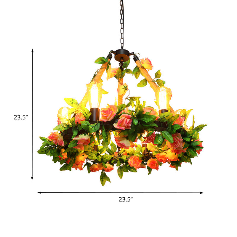 Industrial Metal Black Hanging Chandelier - 6-Light Led Pendant Lighting With Flower Decor