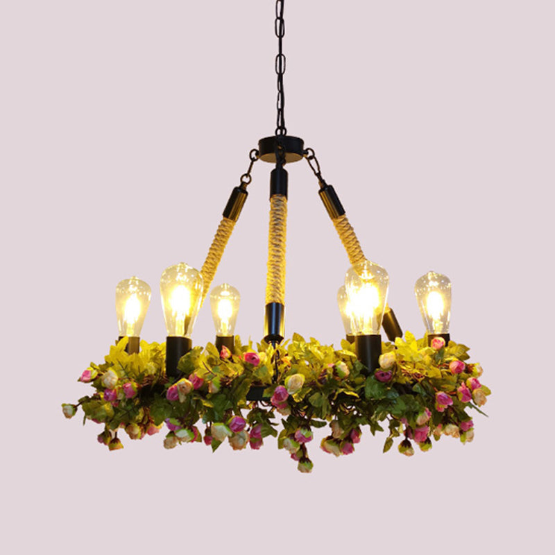 6-Bulb Industrial Metal LED Chandelier - Exposed Bulb Ceiling Pendant in Black with Rose Detailing