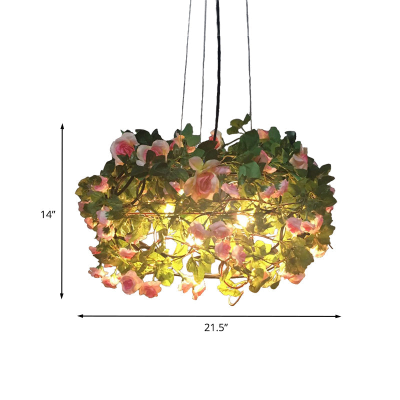 Industrial Green Metal Chandelier With 3 Led Lights For Restaurants - Flower-Inspired Ceiling Lamp