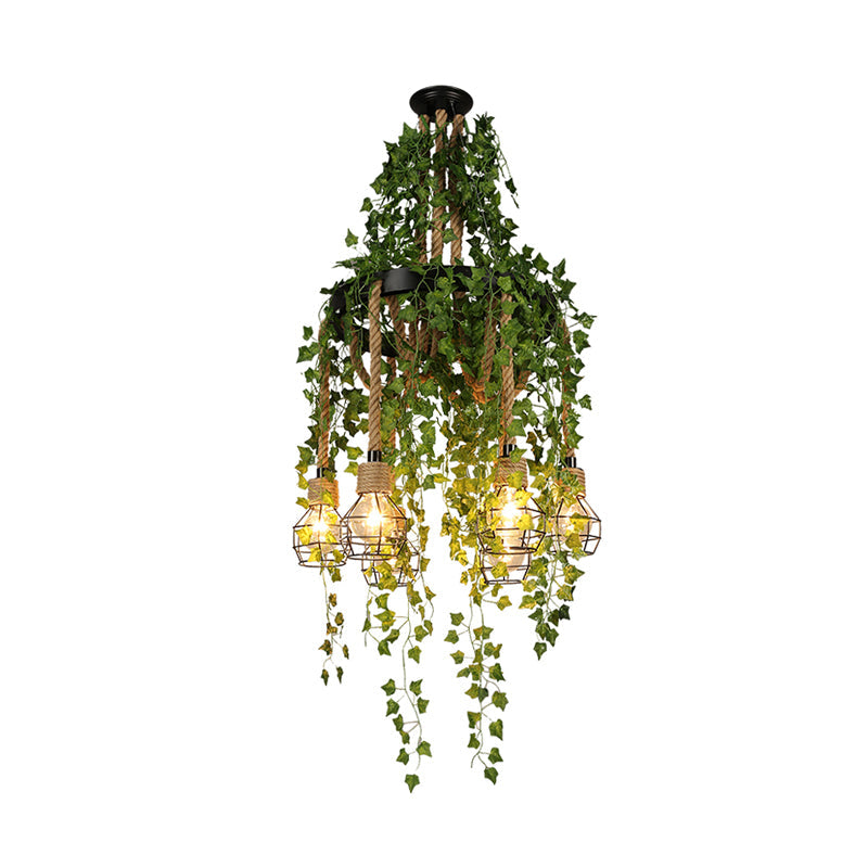 Antique Black Metal Chandelier Lamp with 6 LED Bulbs, Exposed Design & Plant Decor