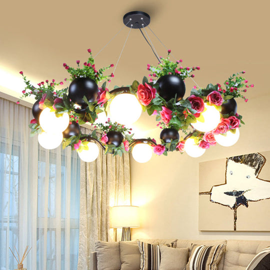 Industrial Metal Sphere Ceiling Lamp with Flower Decoration - 8 Bulbs, Black. Perfect for Living Room