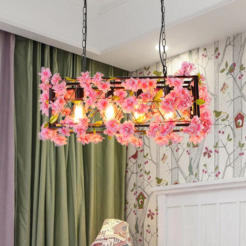 Industrial Metal Led Hanging Lamp In Pink/Brown With Flower Decoration - 4-Light Rectangle Island