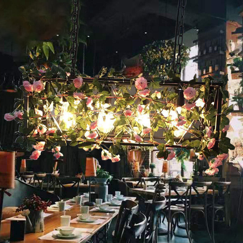 Industrial Metal Rectangle Led Island Lamp - Black Finish 4 Heads Flower Design For Restaurant